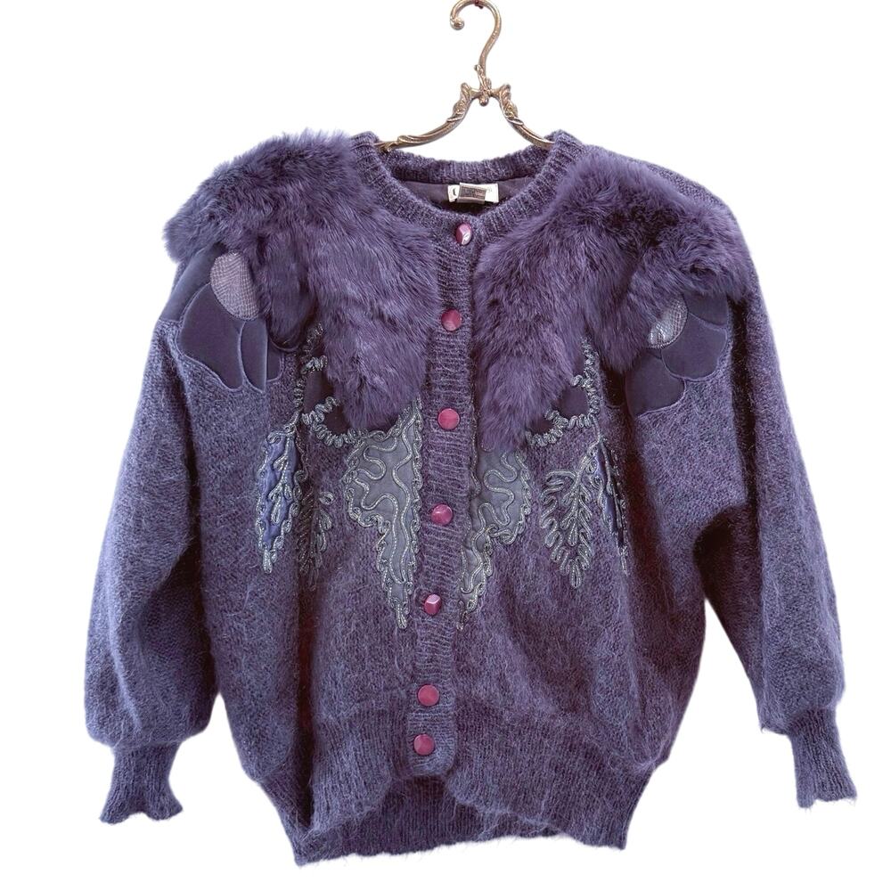Vintage Mohair Cardigan Size S Dolman Sleeve Sweater Faux Fur Floral 80s 90s